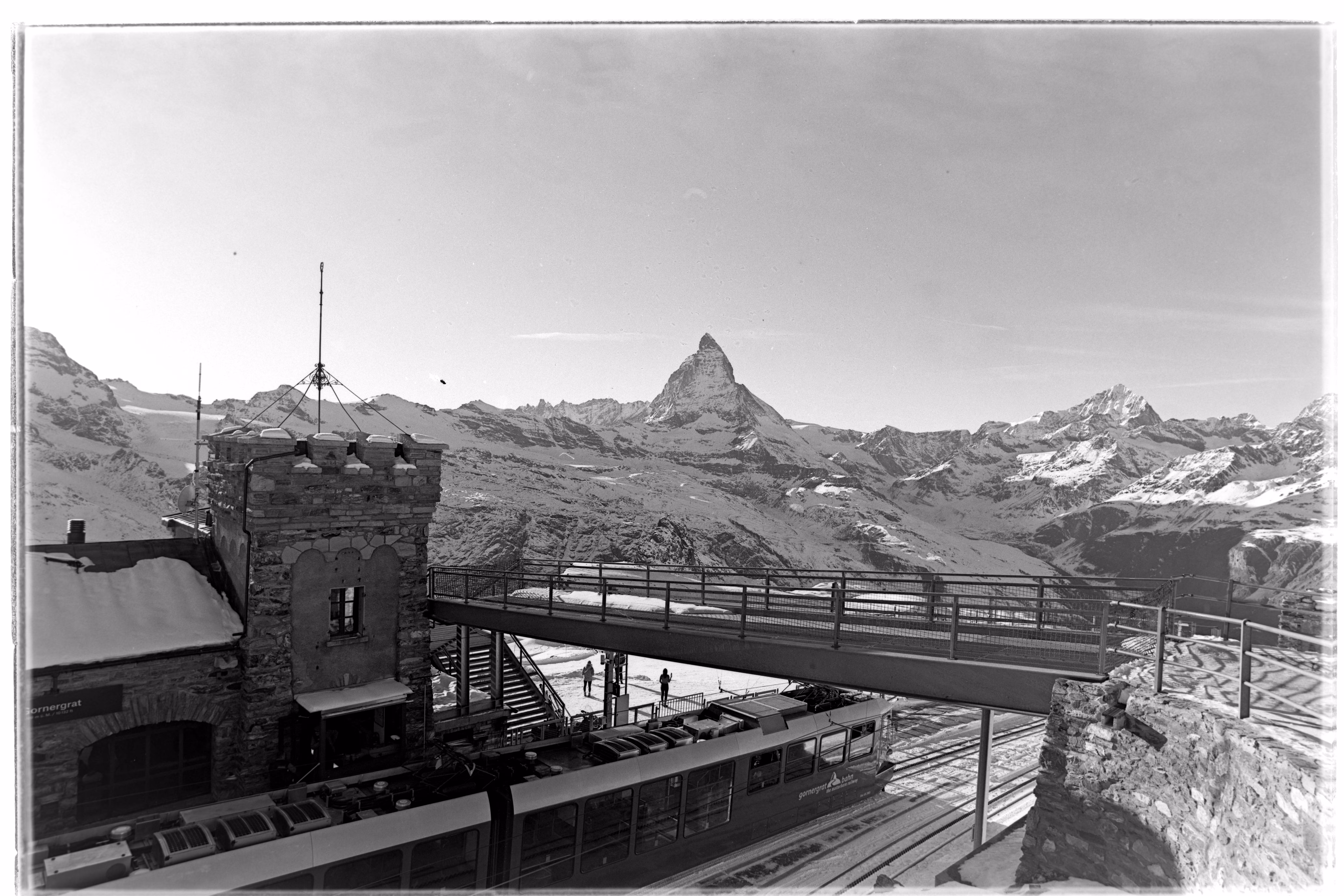 Black and white film photograph of the Matterhorn from Gornergrat, photographed with a Zeiss 21mm Distagon wide-angle lens