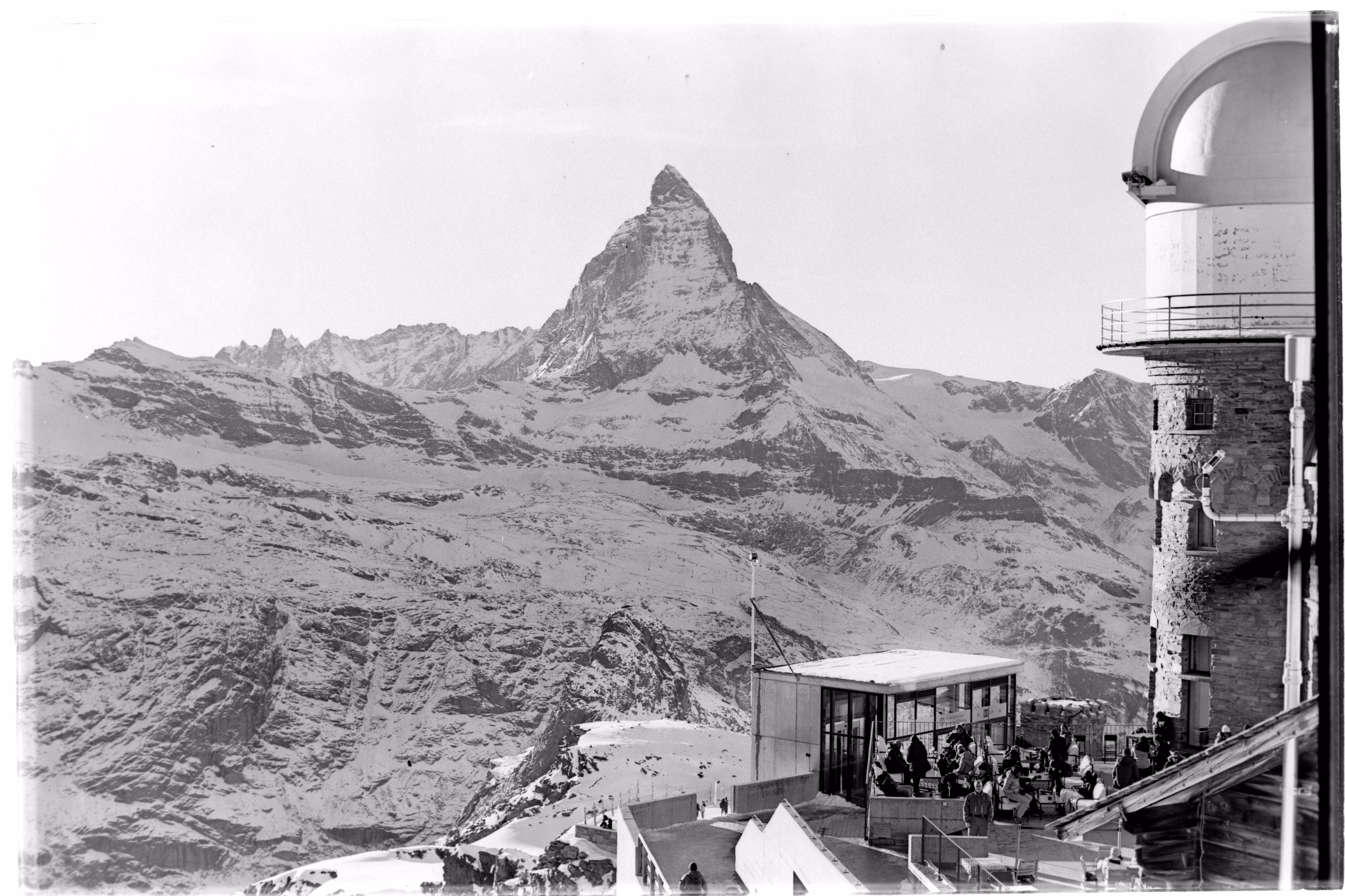 Black and white film photograph of the Matterhorn from Gornergrat, photographed with a 50mm Zeiss Makro Planar lens